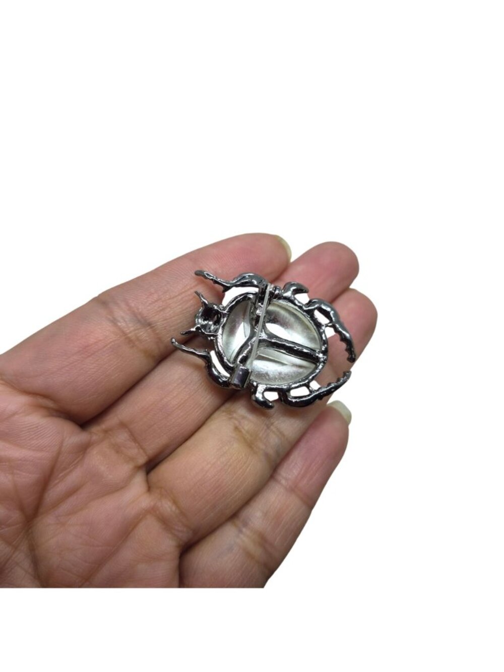 Vintage Vibes Blue Beetle Brooch Scarab Pin Emerald Rhinestone Silver Tone 1.5" - Picture 4 of 5
